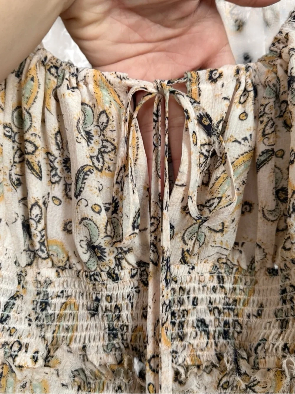 Free People Cream Sheer Paisley Boho Smocked Peasant Blouse